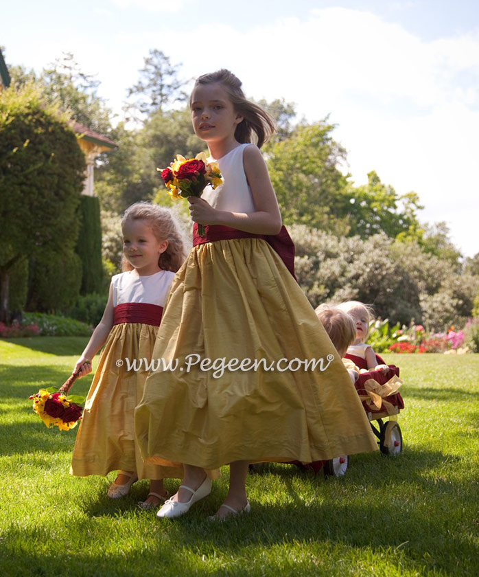 Mustard Yellow and Cranberry Red Silk flower girl dresses