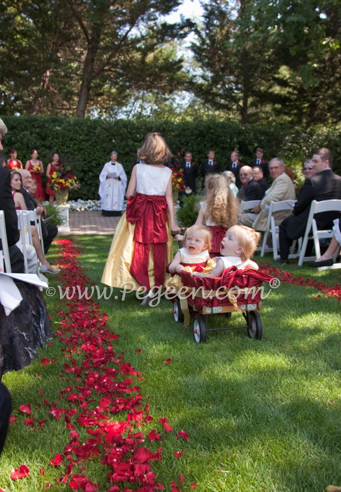 Mustard Yellow and Cranberry Red Silk flower girl dresses