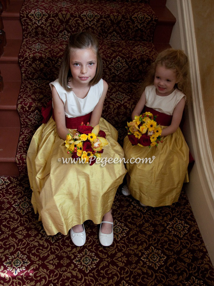 Mustard Yellow and Cranberry Red Silk flower girl dresses