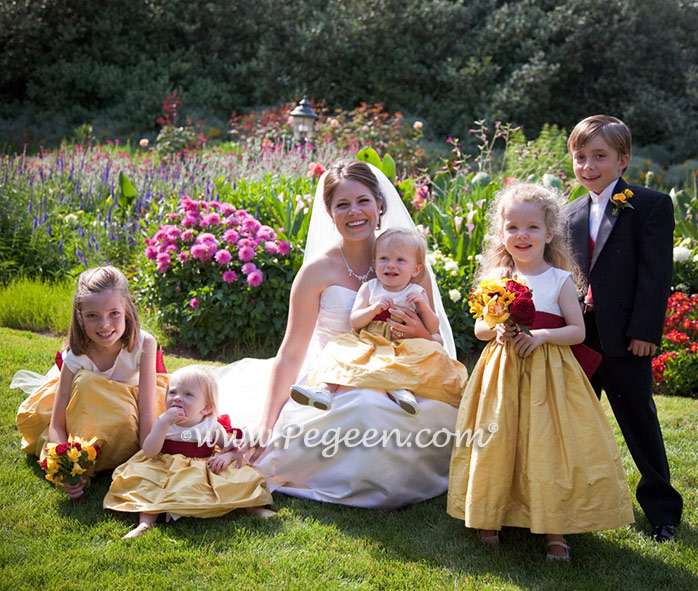 Mustard Yellow and Cranberry Red Silk flower girl dresses