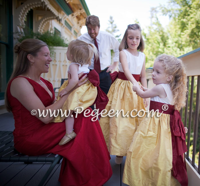 Mustard Yellow and Cranberry Red Silk flower girl dresses