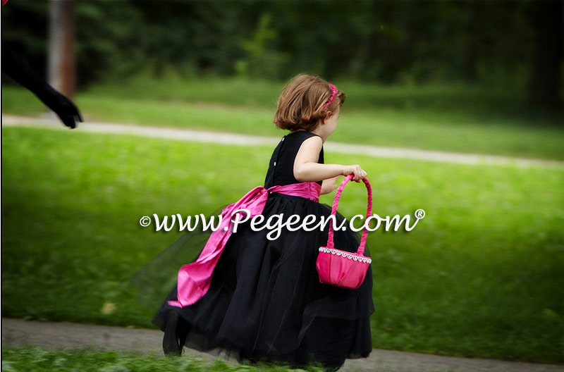Ballerina style flower girl dresses with tulle and black and hot pink silk