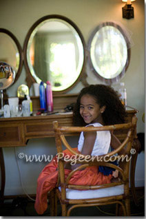 Flower Girl Dresses in Antique White Silk and Crystal Diamond Bodice and Orange in Style 355 - Navy and Orange Wedding