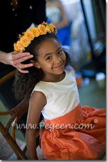 Flower Girl Dresses in Antique White Silk and Crystal Diamond Bodice and Orange in Style 355 - Navy and Orange Wedding