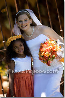 Flower Girl Dresses in Antique White Silk and Crystal Diamond Bodice and Orange in Style 355 - Navy and Orange Wedding