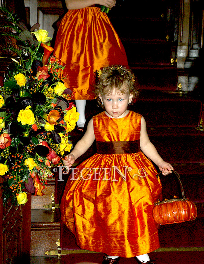 Flower Girl Dress in orange and brown with matching boy's vests