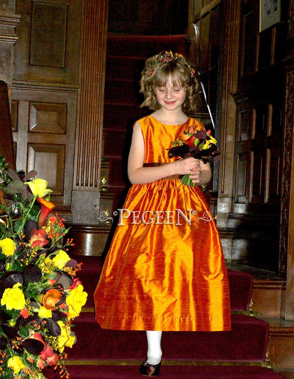 Flower Girl Dress in orange and brown with matching boy's vests