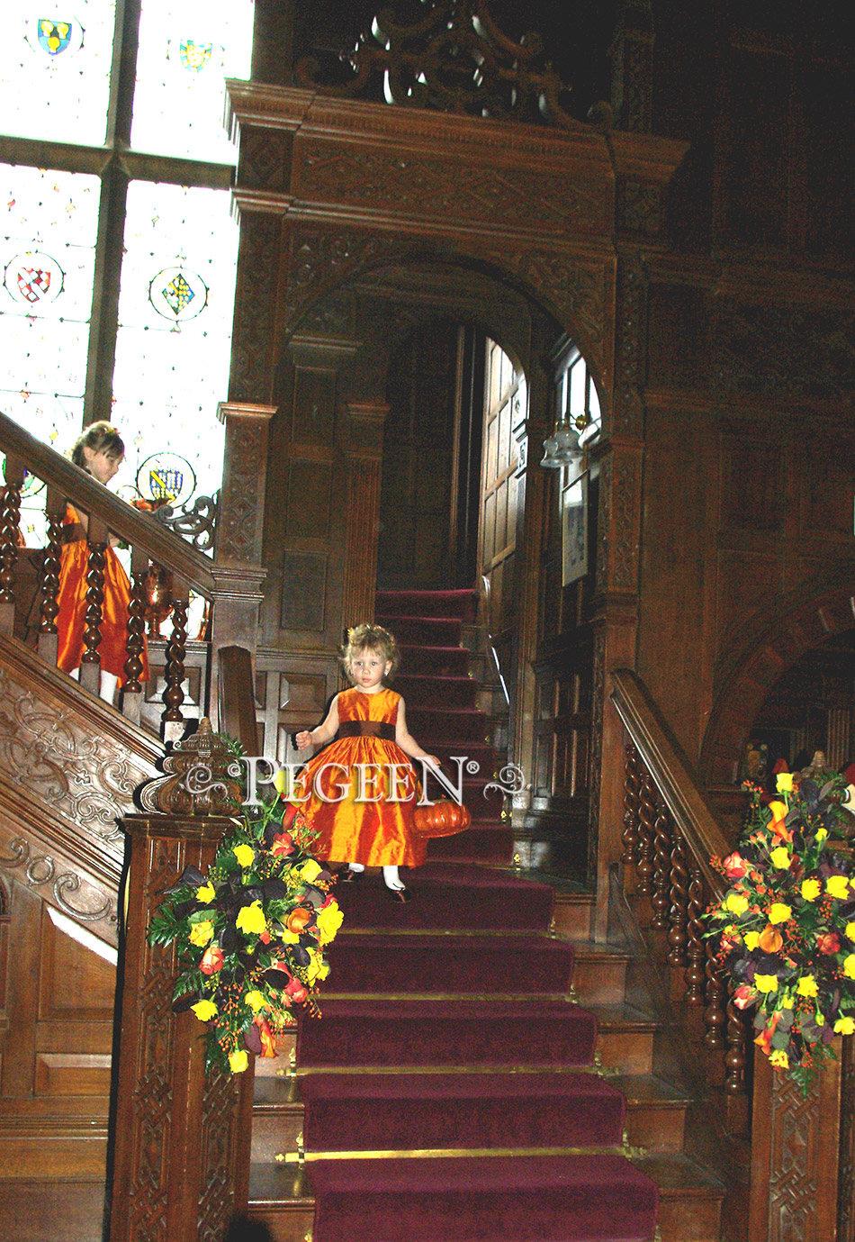 Flower Girl Dress in orange and brown with matching boy's vests