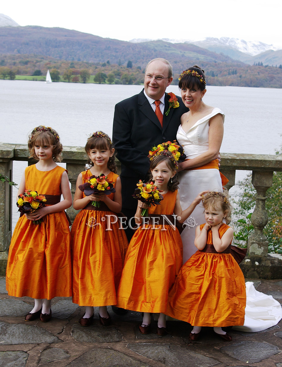 Flower Girl Dress in orange and brown with matching boy's vests
