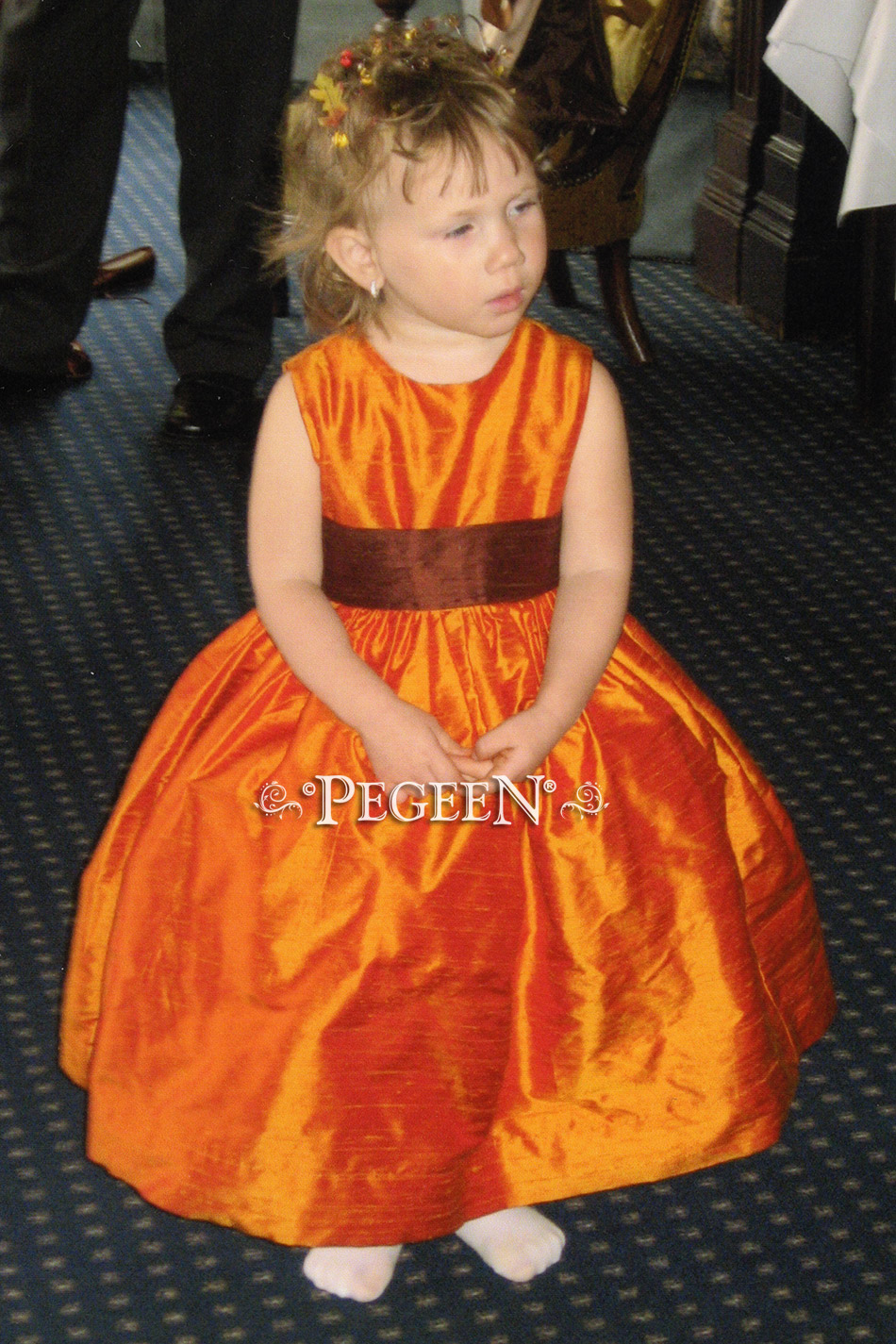 Flower Girl Dress in orange and brown with matching boy's vests