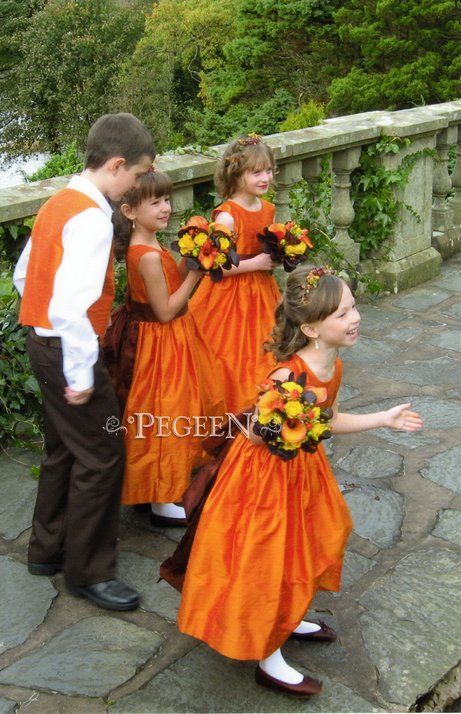 Flower Girl Dress in orange and brown with matching boy's vests