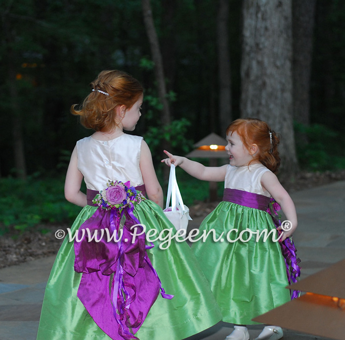 Kelly green and thistle flower girl dresses with special flowers