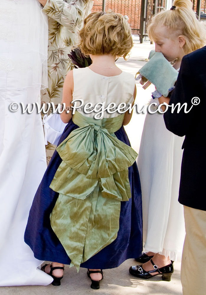 Navy and sage green silk flower girl dresses style 345 by Pegeen