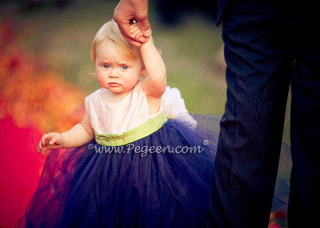 Embroidered Pink Silk with Navy tulle and silk Flower Girl Dresses