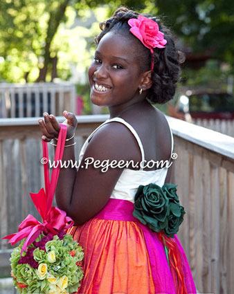 Jr Bridesmaids dresses Mango Orange, Hot Pink and Emerald Green | Pegeen