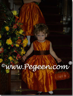 Pumpkin and brown silk toddler flower girl dresses by Pegeen