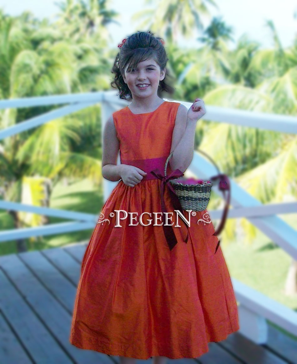 Raspberry & orange silk junior bridesmaids dress