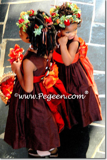 Semi-sweet brown and Mountain Fall orange flower girl dresses Style 383