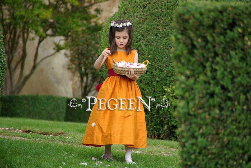 Orange and cranberry red flower girl dress, Tuscany Italy