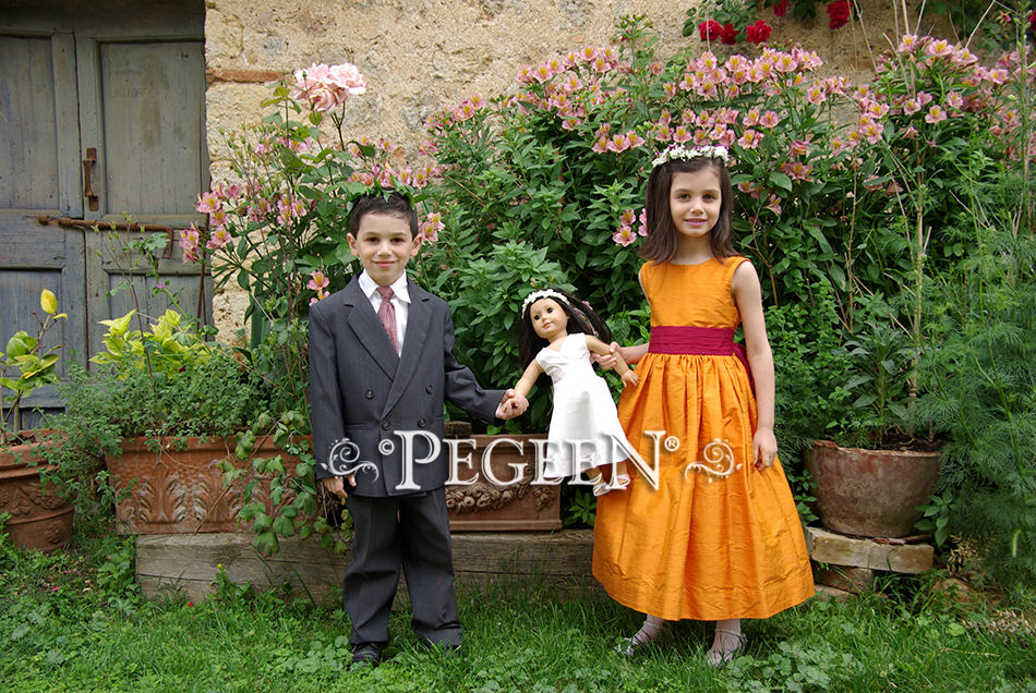 Orange and cranberry red flower girl dress, Tuscany Italy