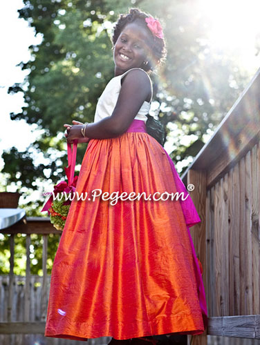 Hot Pink and Mango Orange Silk and Tulle Flower Girl Dress Pegeen Style 424