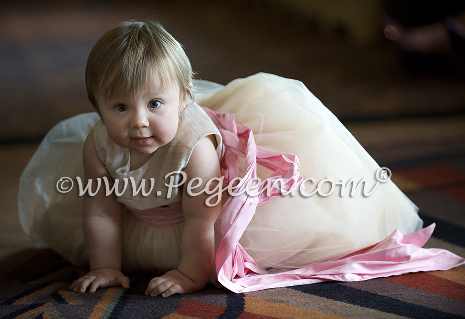 Bubblegum Pink silk and ivory tulle flower girl dress Pegeen Style 402