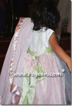 Infant pink and white and green silk flower girl dress