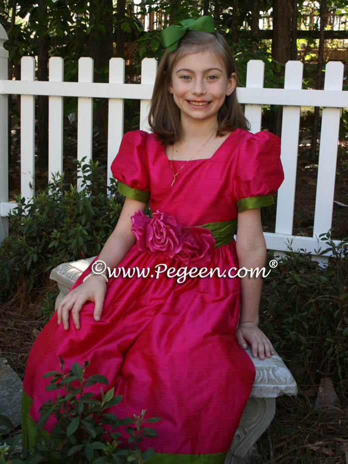 Raspberry and Green flower girl dresses