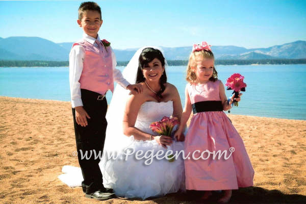 Bubblegum Pink and black flower girl dresses and ring bearer suits