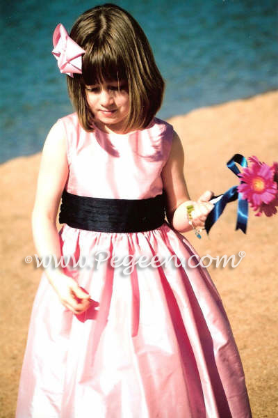 Bubblegum Pink and black flower girl dresses and ring bearer suits