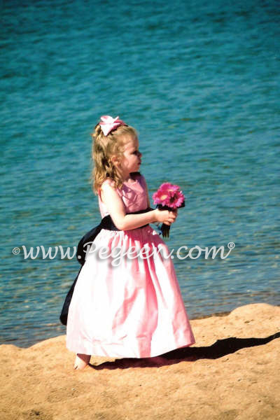 Bubblegum Pink and black flower girl dresses and ring bearer suits