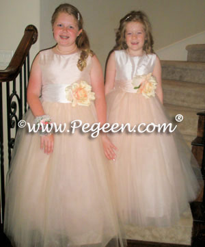 Flower Girl Dresses with layers of tulle in Blush and Peach Silk  | Pegeen