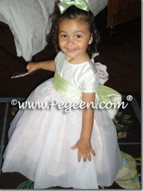 Infant pink and white and green silk flower girl dress