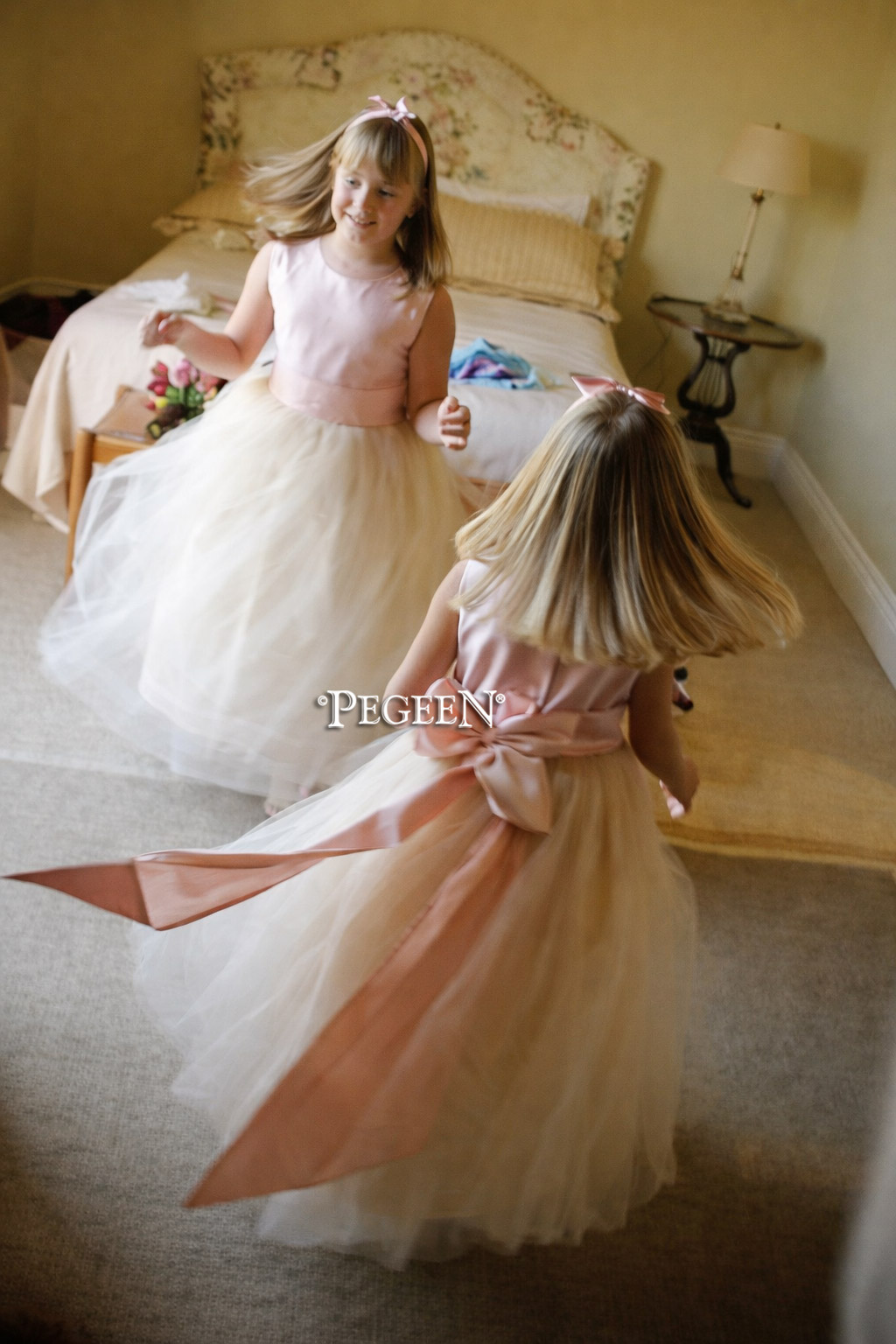 Buttercreme and Lotus Pink silk and tulle flower girl dresses in Pegeen Classic Style 356