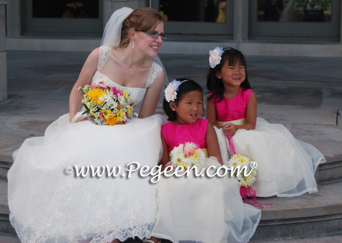 Ivory, Cerise (hot pink) and Lemonade (yellow)organza CUSTOM FLOWER GIRL DRESSES BY PEGEEN