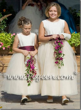 ivory and eggplant purple tulle flower girl dresses Style 402
