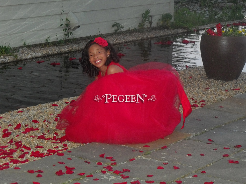 Red tulle silk flower girl dress for Christmas and Holidays