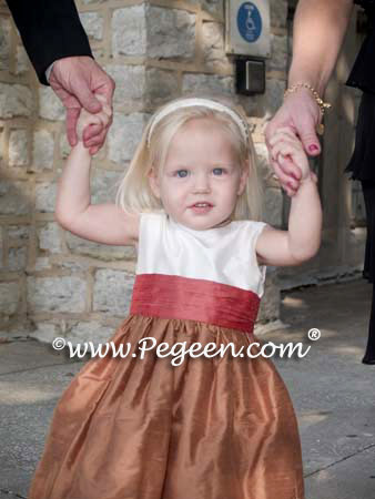 Flower Girl Dresses in Ginger with spice sashes, ivory top and multi back flower