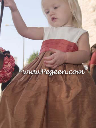 Flower Girl Dresses in Ginger with spice sashes, ivory top and multi back flower