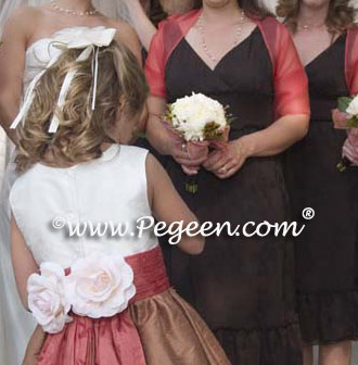 Flower Girl Dresses in Ginger with spice sashes, ivory top and multi back flower