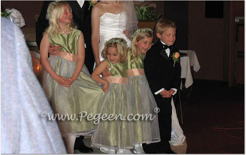 Custom sage green and peach silk flower girl dresses with organza skirts