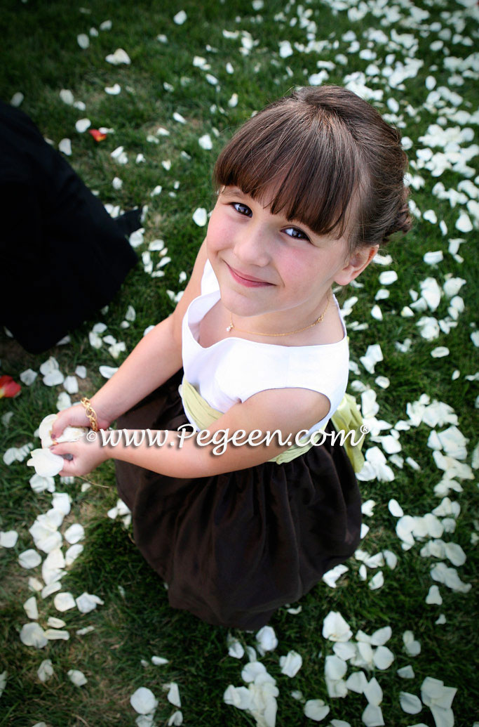 Coffee or semi-sweet and Sprite Green and White Pin Tuck Bodice custom  flower girl dresses