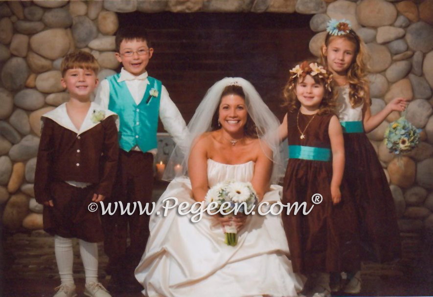 Brown flower girl dresses and ring bearer suits