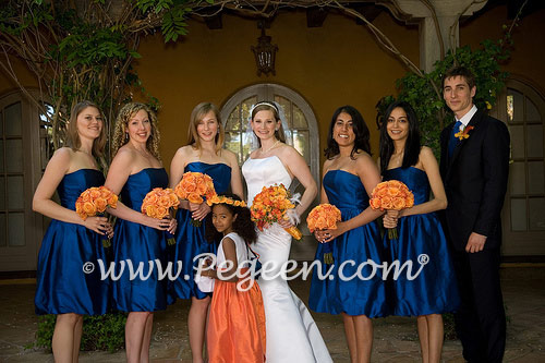 Orange and navy blue wedding flower girl dress