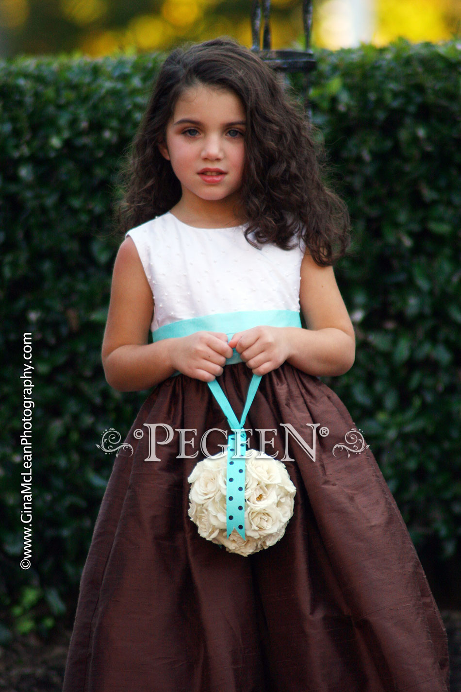 Chocolate Brown and Pond (Tiffany Blue) Silk and Pearled flower girl dress