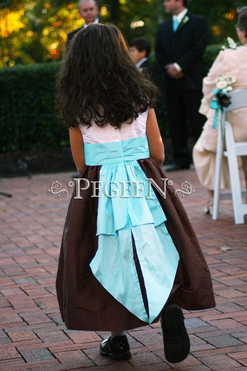 Chocolate brown tiffany pond and ivory silk with pearls flower girl dresses