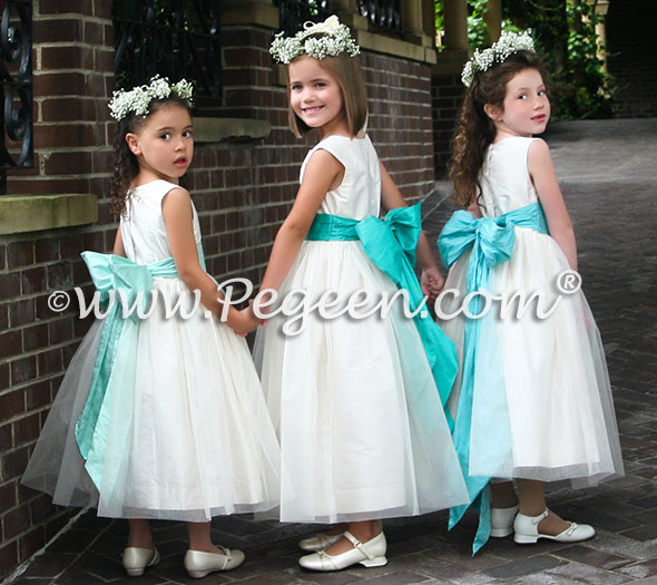 Bisque and tiffany blue tulle flower girl dresses Style 356
