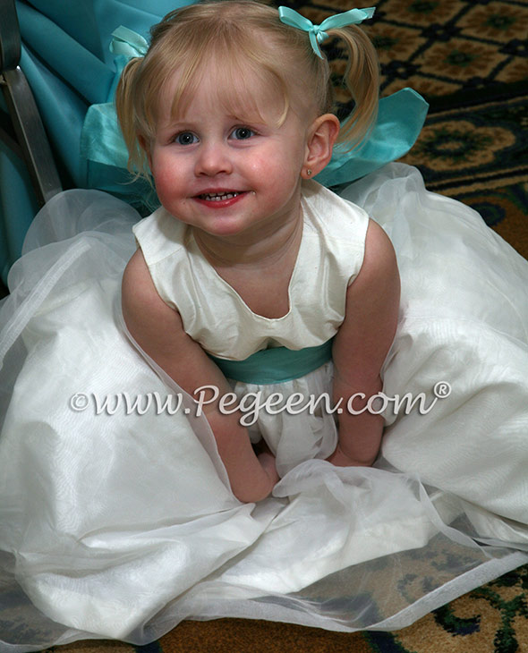 Pegeen Style 394 FLOWER GIRL DRESSES in amtique white and tiffany blue
