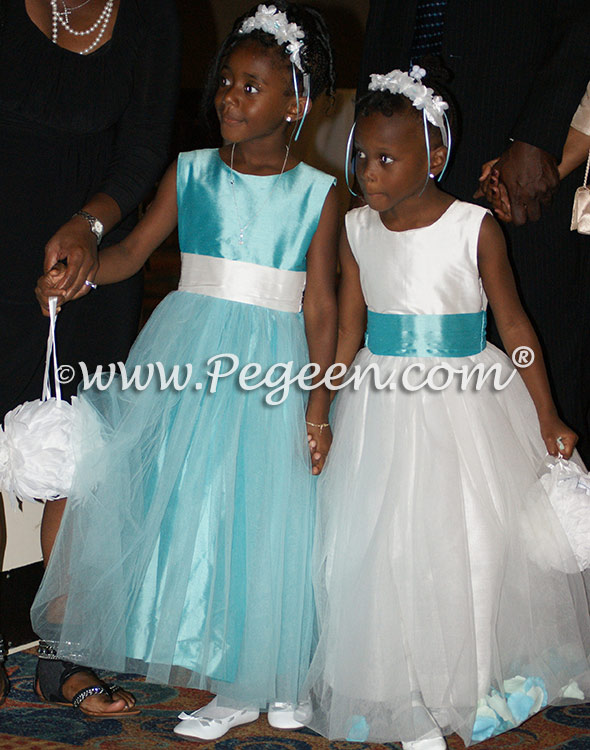 Antique white and tiffany blue tulle flower girl dresses Style 333