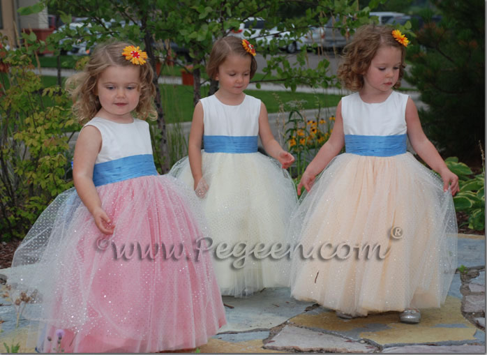 peach and silver metallic 10 layers of tulle flower girl dresses by pegeen